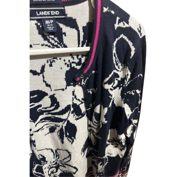 Women's Blue and White Floral Supima Cotton Button Up Lands End Cardigan Size Me - Picture 3 of 6